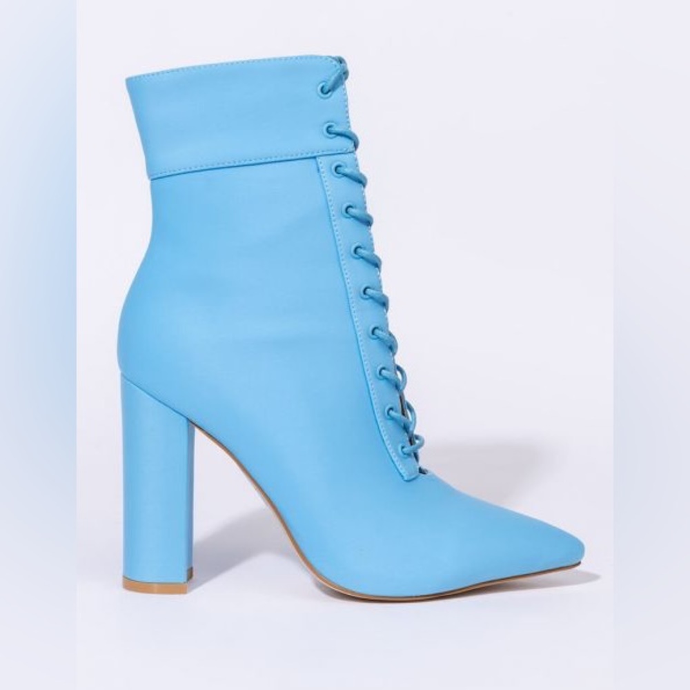 Azalea Wang Blue Lace Up Nylon High Heel Boots - Picture 2 of 6